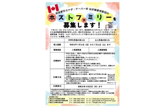 友好親善使節団受け入れホストファミリー募る